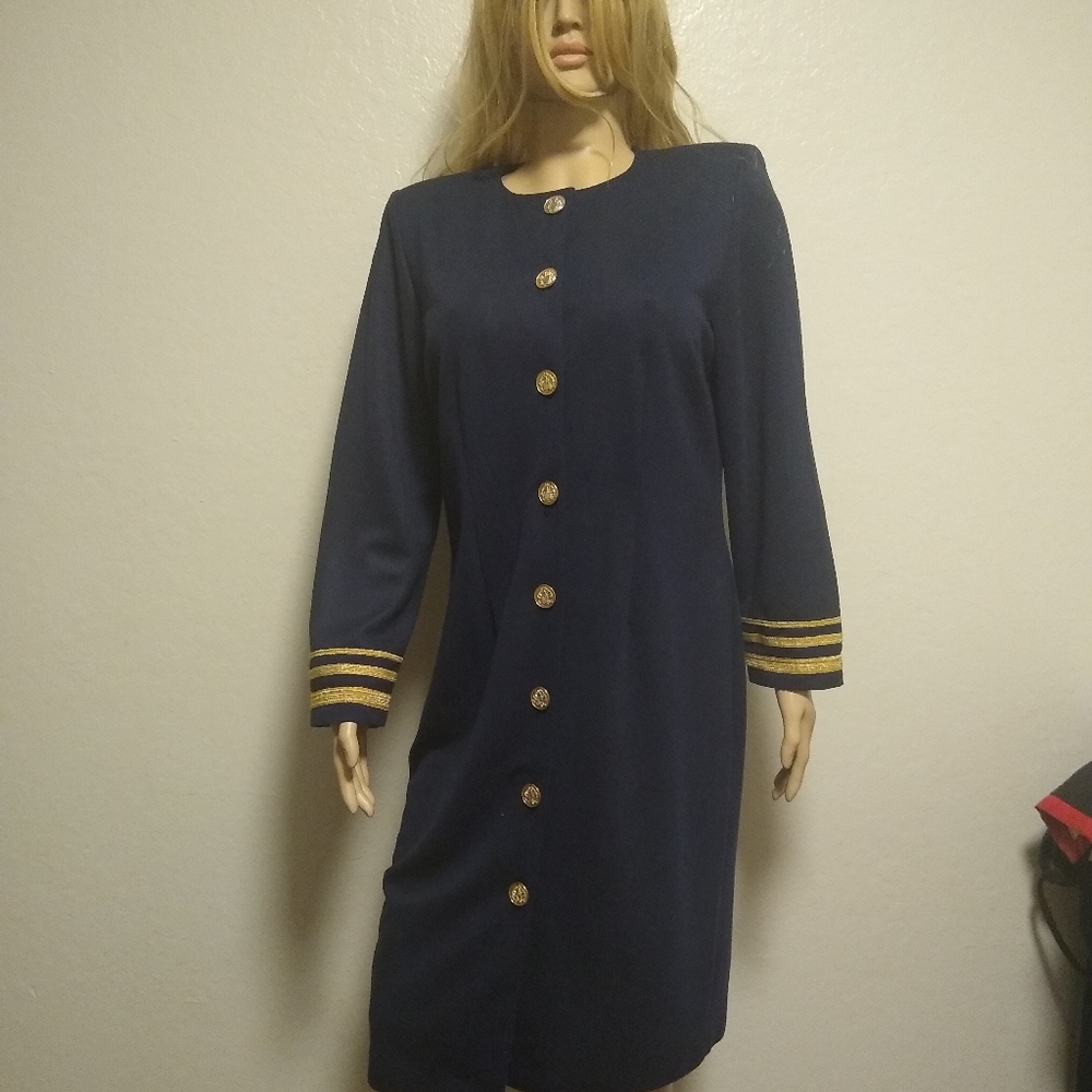 Positive Attitude Navy Blue Long Sleeves Stripes Vintage Coat Dress 14